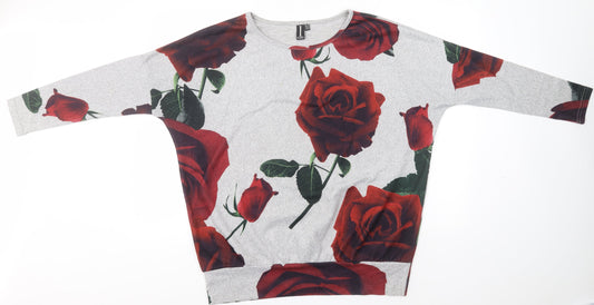 Izabel Womens Grey Round Neck Floral Polyester Pullover Jumper Size 12