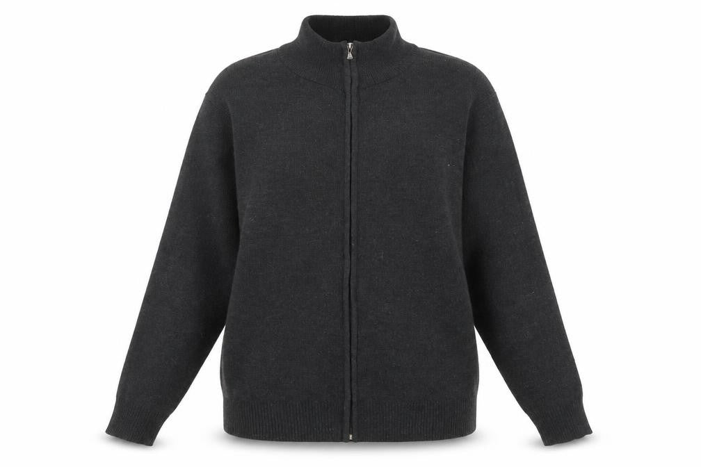 Front view of Foglie Rosse women’s grey crew neck acrylic full zip jumper, size 2XL