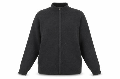 Front view of Foglie Rosse women’s grey crew neck acrylic full zip jumper, size 2XL