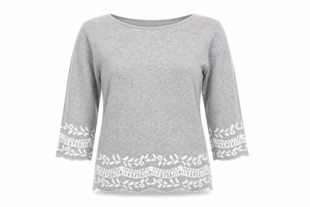 Front view of Love Knitwear women’s grey round neck viscose jumper, size UK 10