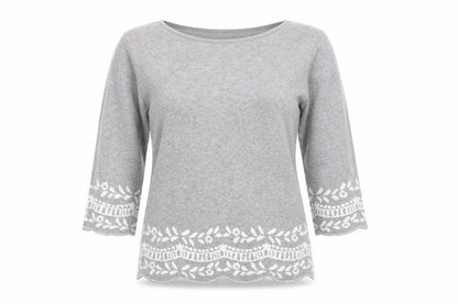 Front view of Love Knitwear women’s grey round neck viscose jumper, size UK 10
