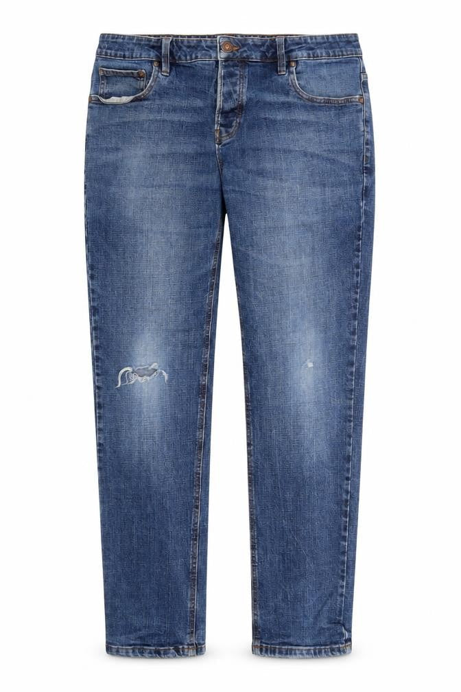 Front view of Next women’s blue camel straight jeans, size UK 36, 30-inch leg slim