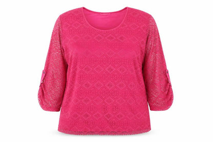 Front view of Roseanna women’s pink geometric polyester basic t-shirt, size 2XL, round neck
