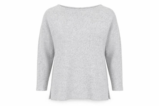 Front view of Miss Selfridge women’s grey round neck viscose jumper, size UK 10