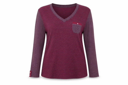Front view of M&Co women’s purple v-neck striped cotton jumper, size 2XL