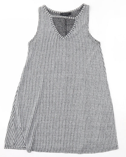 Primark Womens Grey Striped Polyester Mini  Size 8  Round Neck