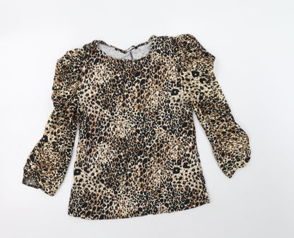 George Womens Brown Animal Print Cotton Basic Blouse Size 10 Crew Neck