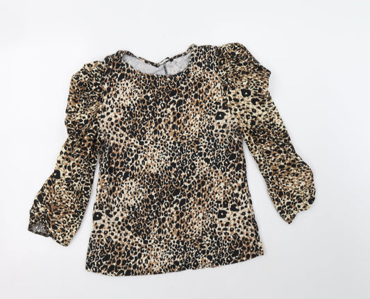 George Womens Brown Animal Print Cotton Basic Blouse Size 10 Crew Neck