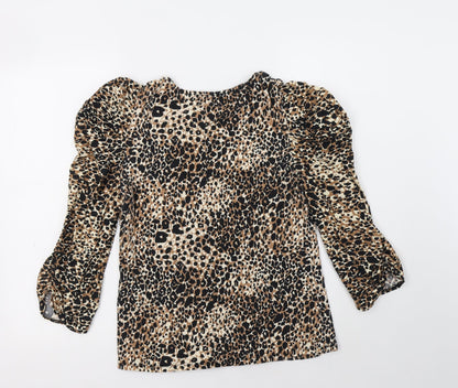 George Womens Brown Animal Print Cotton Basic Blouse Size 10 Crew Neck