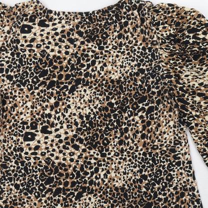 George Womens Brown Animal Print Cotton Basic Blouse Size 10 Crew Neck