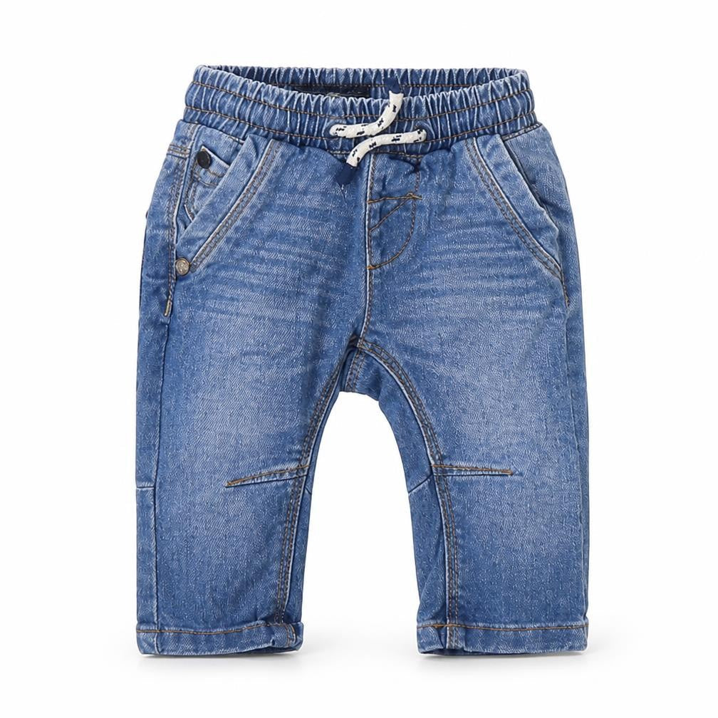 Front view of Next Baby Blue Cotton Jogger Jeans, size 3-6, Months Drawstring