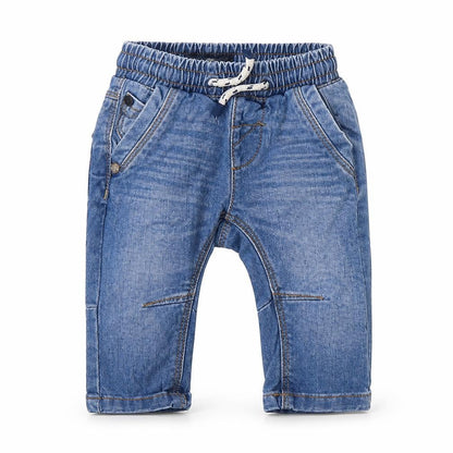 Front view of Next Baby Blue Cotton Jogger Jeans, size 3-6, Months Drawstring