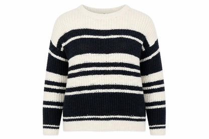 Front view of Newv Look women’s blue crew neck striped acrylic jumper, size UK 16