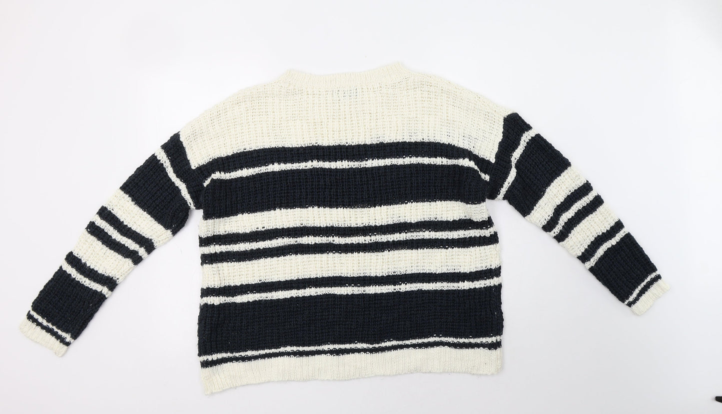 Newv Look Womens Blue Crew Neck Striped Acrylic Pullover Jumper Size 16