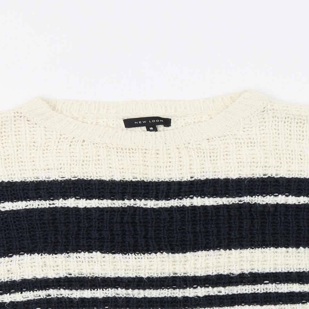 Newv Look Womens Blue Crew Neck Striped Acrylic Pullover Jumper Size 16