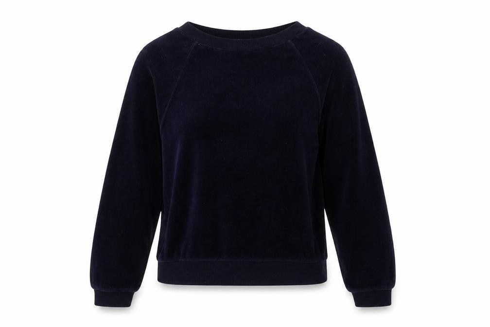 Front view of New Look women’s blue cotton pullover sweatshirt, size UK 6
