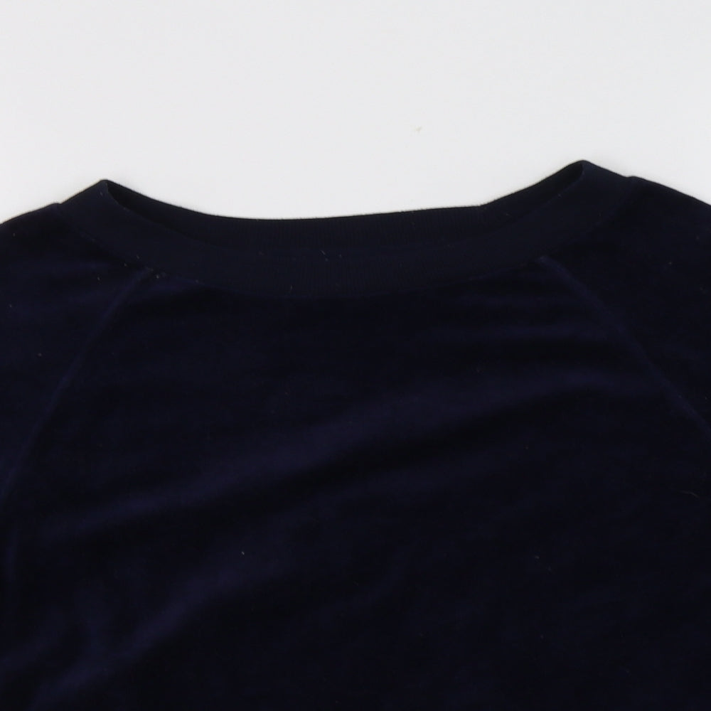 Close-up detail of New Look women’s blue cotton pullover sweatshirt, size UK 6