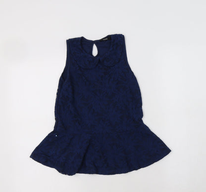 Additional front view of George girls’ blue floral polyester basic blouse, size 10-11, years collared button - peplum