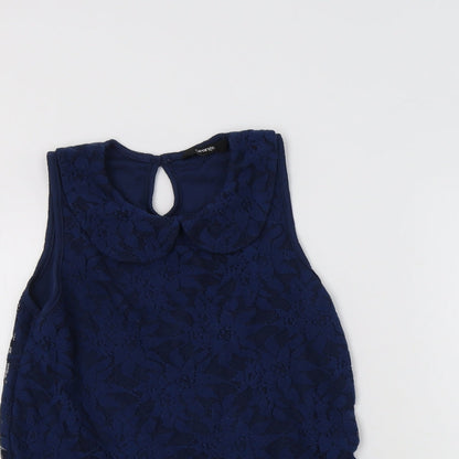 Close-up detail of George girls’ blue floral polyester basic blouse, size 10-11, years collared button - peplum
