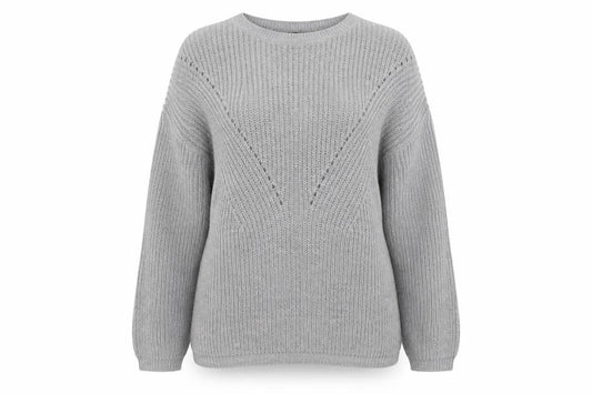 Front view of Peacocks women’s grey crew neck acrylic jumper, size XL