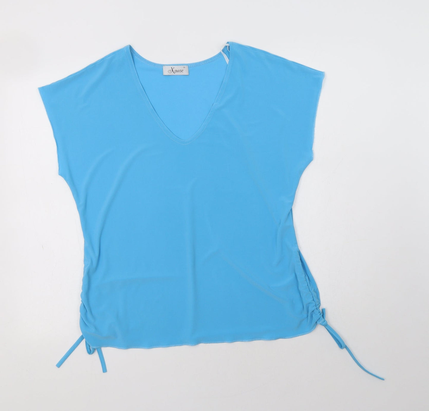 Xpose Womens Blue  Polyester Basic Blouse Size XL V-Neck - Ruched