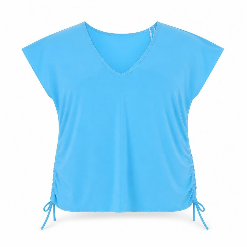Front view of Xpose women’s blue polyester basic blouse, size XL, v-neck - ruched