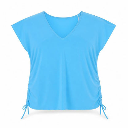 Front view of Xpose women’s blue polyester basic blouse, size XL, v-neck - ruched