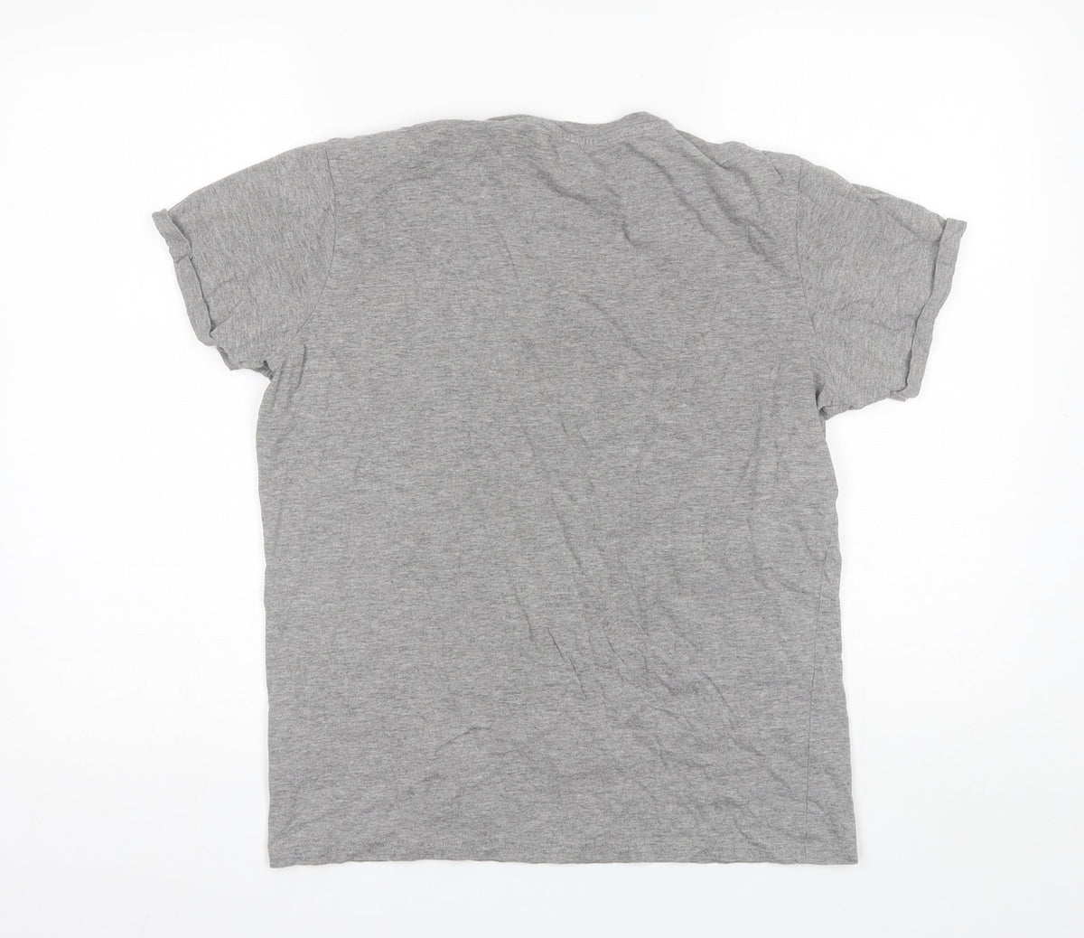 Back view of Industrialize women’s grey cotton blend basic t-shirt, size M, round neck