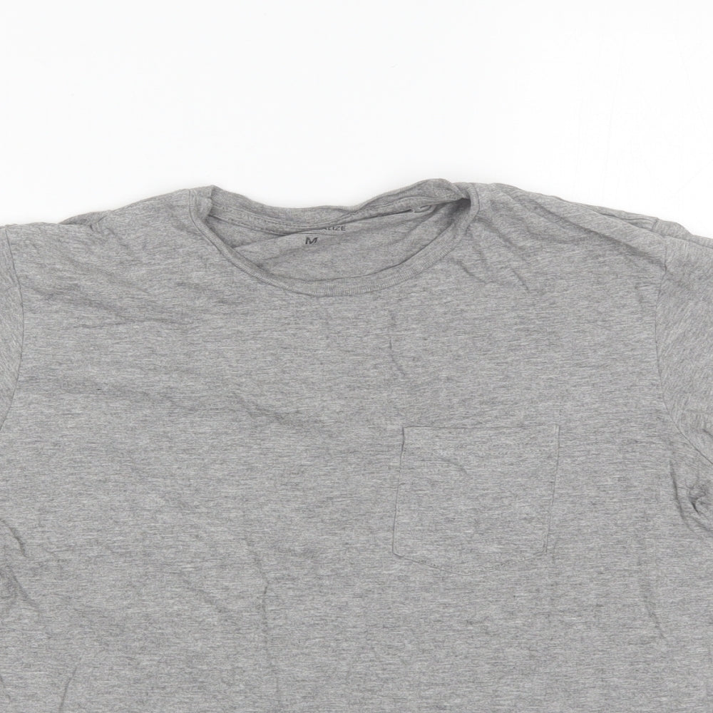 Close-up detail of Industrialize women’s grey cotton blend basic t-shirt, size M, round neck