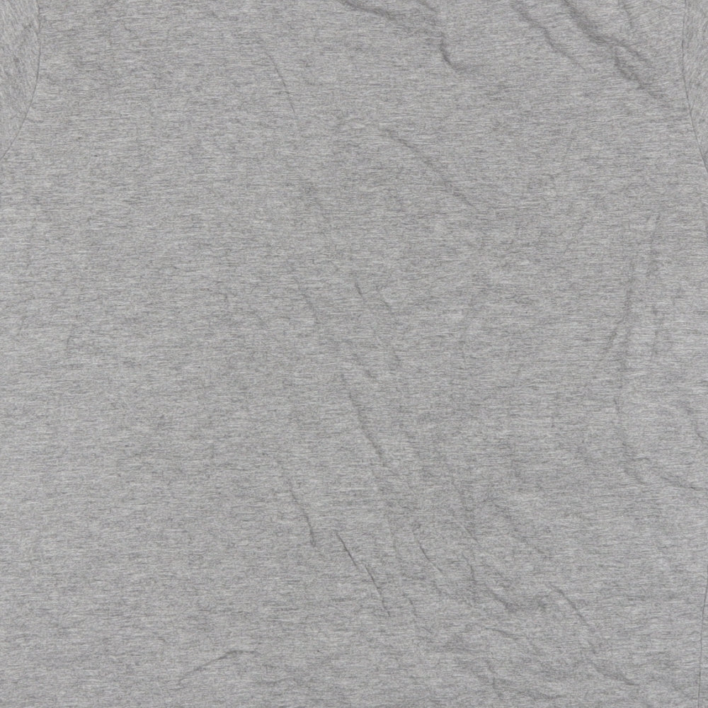 Brand and care label for Industrialize women’s grey cotton blend basic t-shirt, size M, round neck