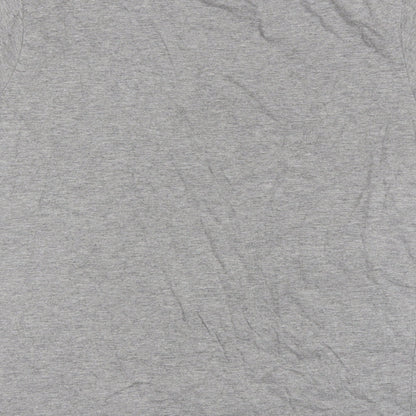 Brand and care label for Industrialize women’s grey cotton blend basic t-shirt, size M, round neck