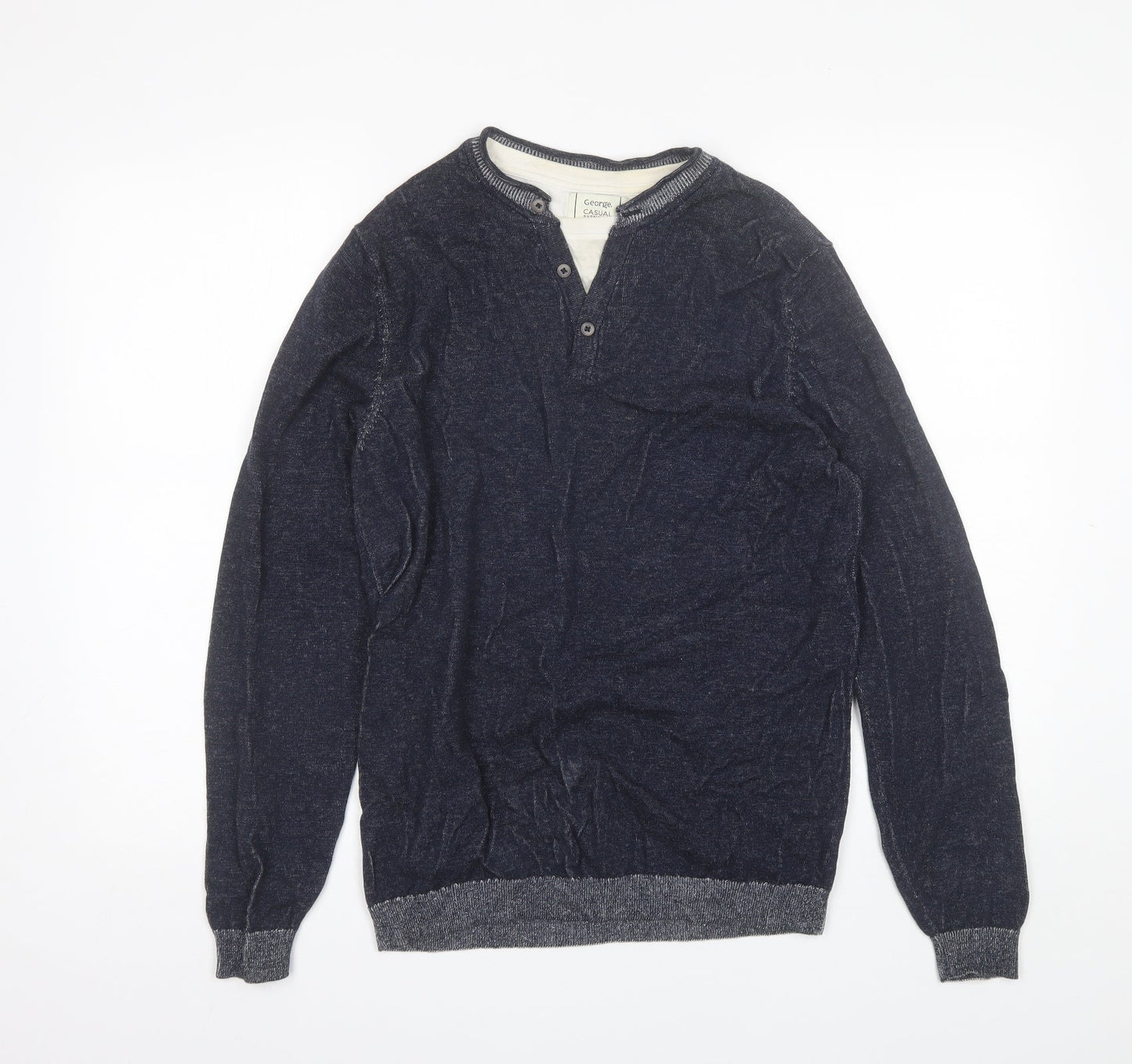 George Mens Blue V-Neck  Cotton Pullover Jumper Size M