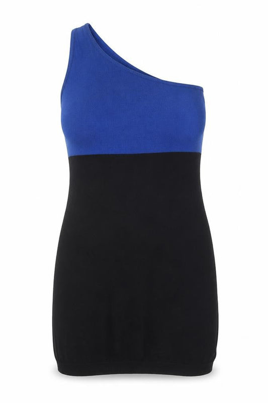 Front view of B-Soul women’s black viscose mini, size UK 12, one shoulder
