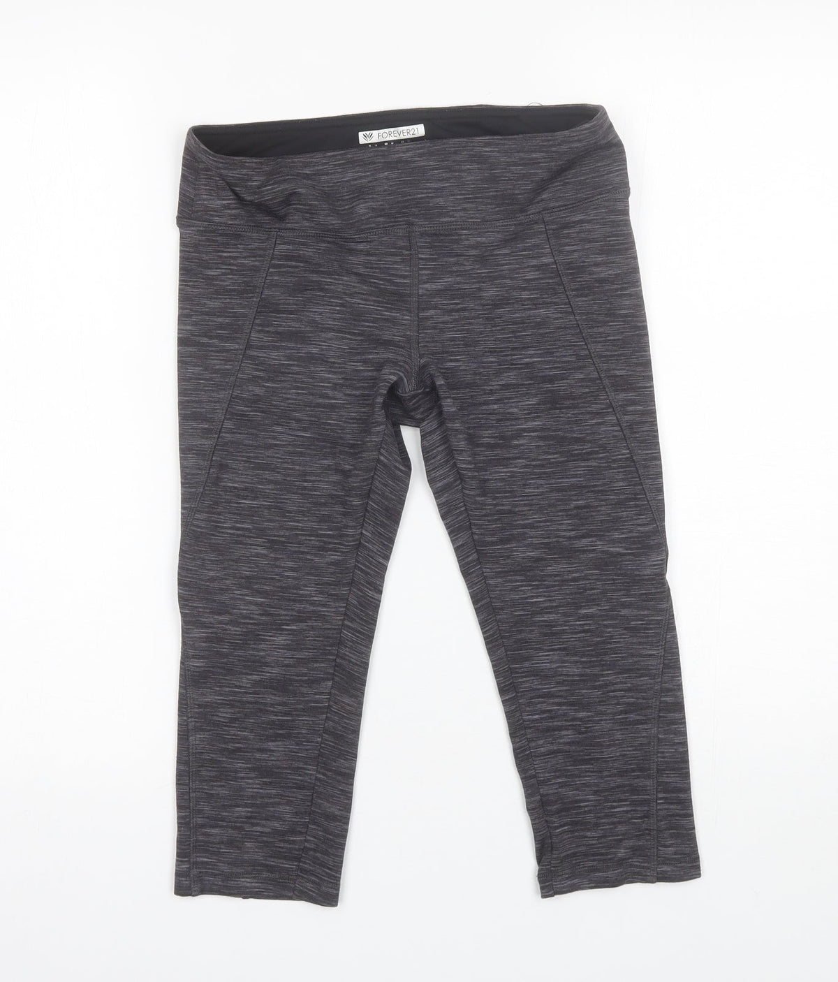 Front view of Forever 21 women’s grey polyester blend compression leggings, size M, 17-inch leg regular