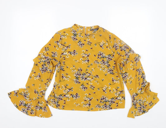 Primark Womens Yellow Floral Polyester Basic Blouse Size 8 Round Neck