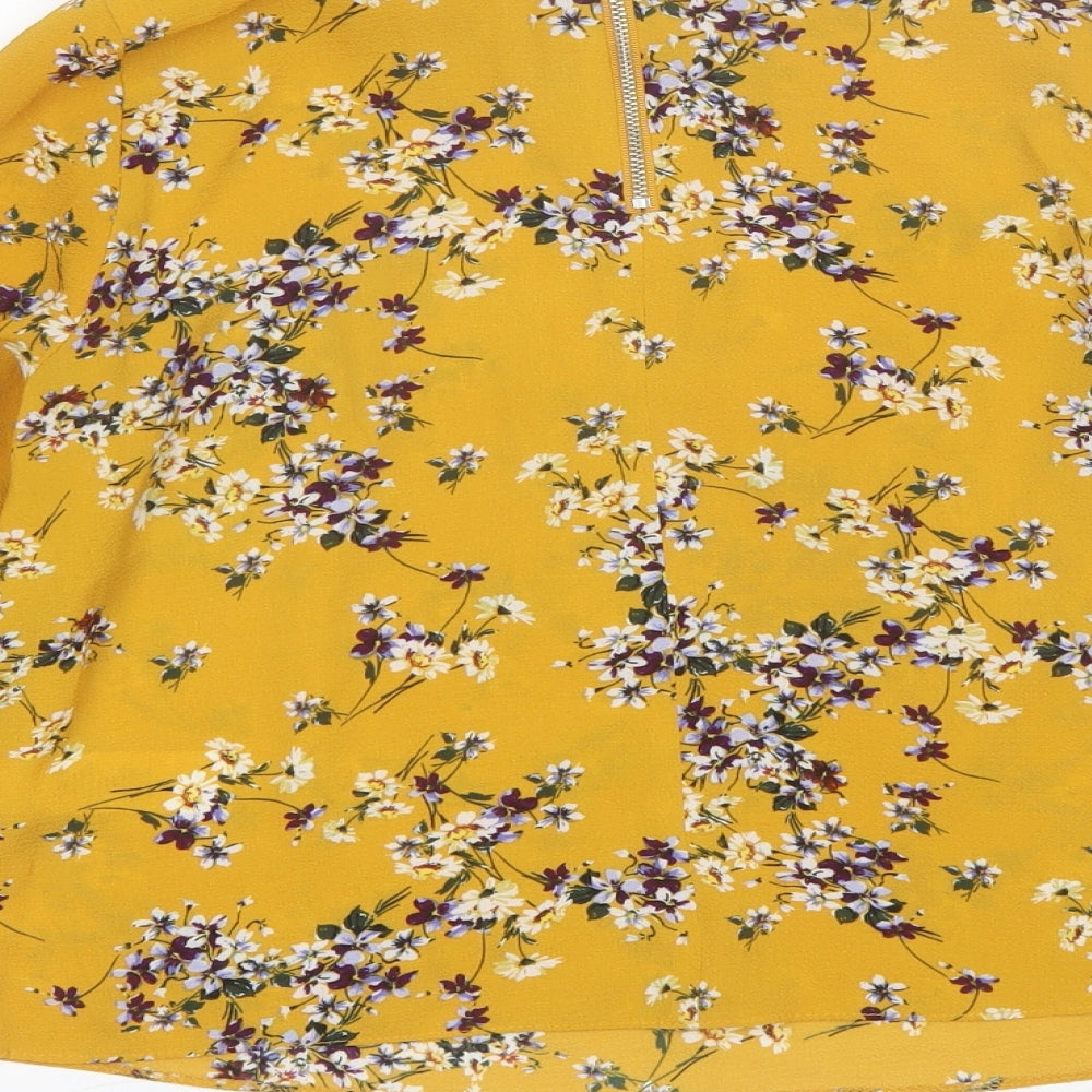 Primark Womens Yellow Floral Polyester Basic Blouse Size 8 Round Neck
