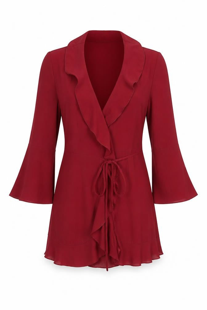 Front view of Outrageous Fortune women’s red v-neck polyester cardigan jumper, size UK 14