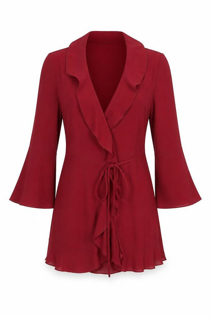 Front view of Outrageous Fortune women’s red v-neck polyester cardigan jumper, size UK 14