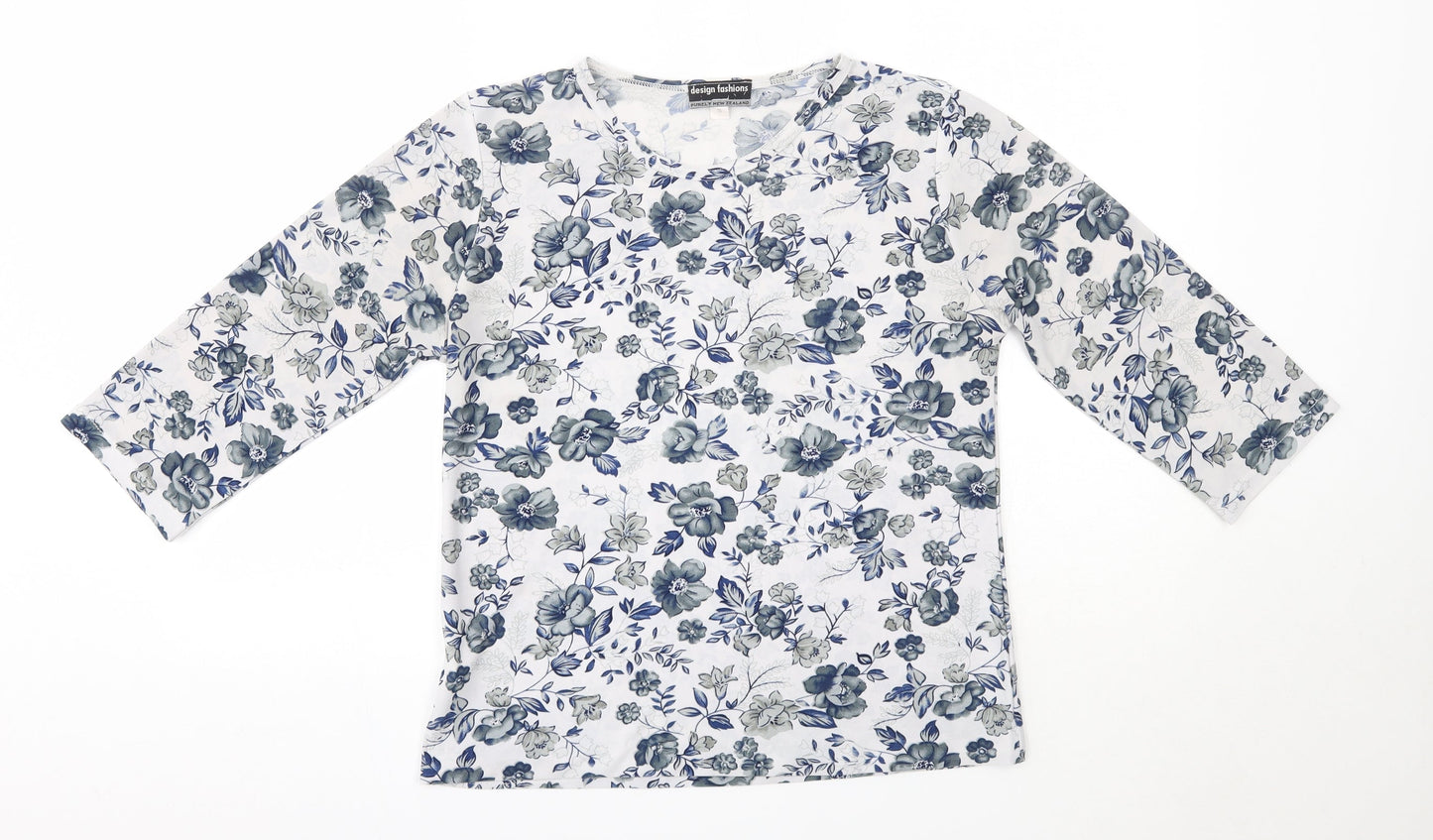 Purely New Zealand Womens Blue Floral Viscose Basic Blouse Size S Round Neck
