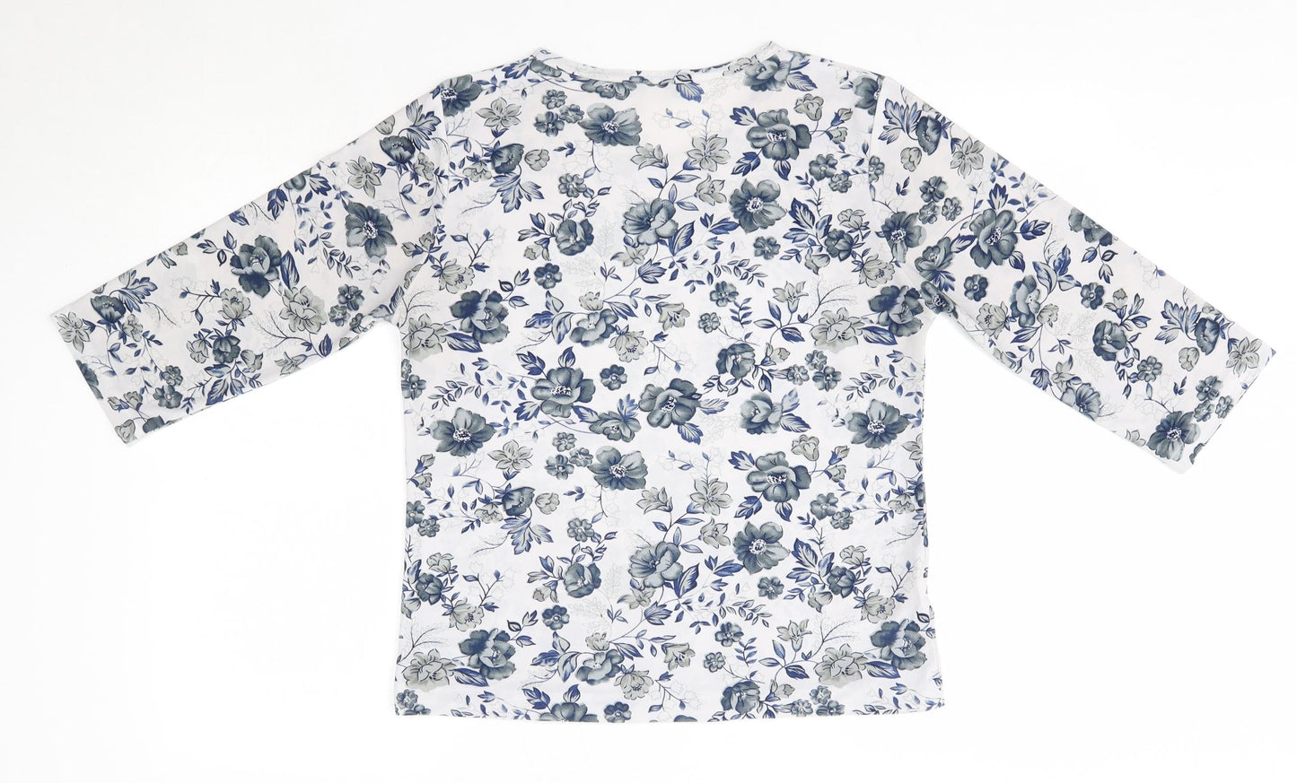 Purely New Zealand Womens Blue Floral Viscose Basic Blouse Size S Round Neck