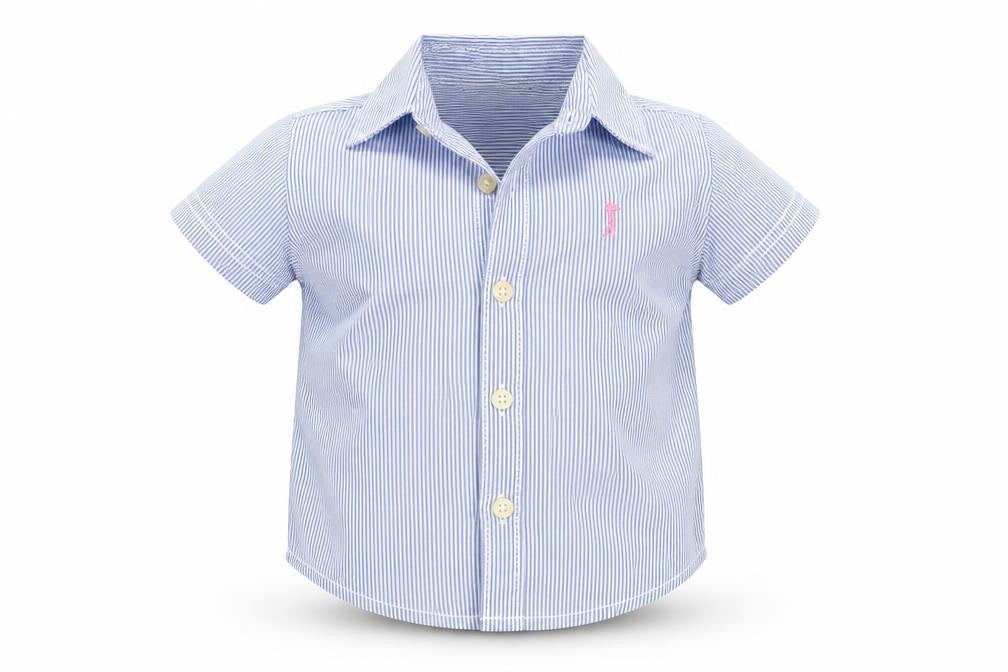 Front view of Carter's Baby Blue Striped 100% Cotton Basic Button-Up, size 0-3, Months Collared