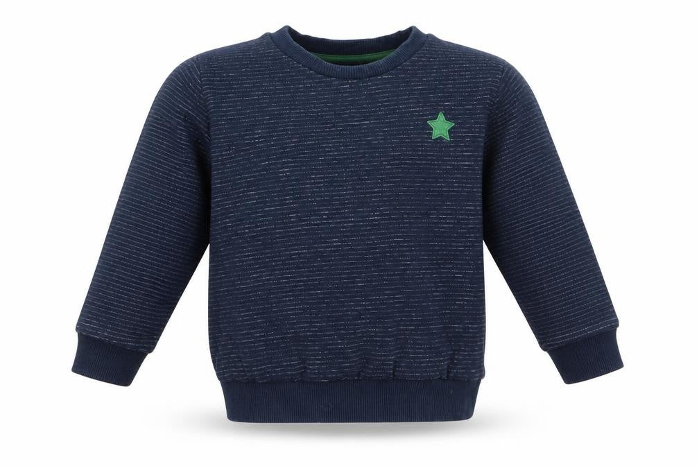 Front view of F&F boys’ blue striped cotton pullover sweatshirt, size 2-3, years pullover - fine white stripe green star logo