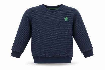 Front view of F&F boys’ blue striped cotton pullover sweatshirt, size 2-3, years pullover - fine white stripe green star logo