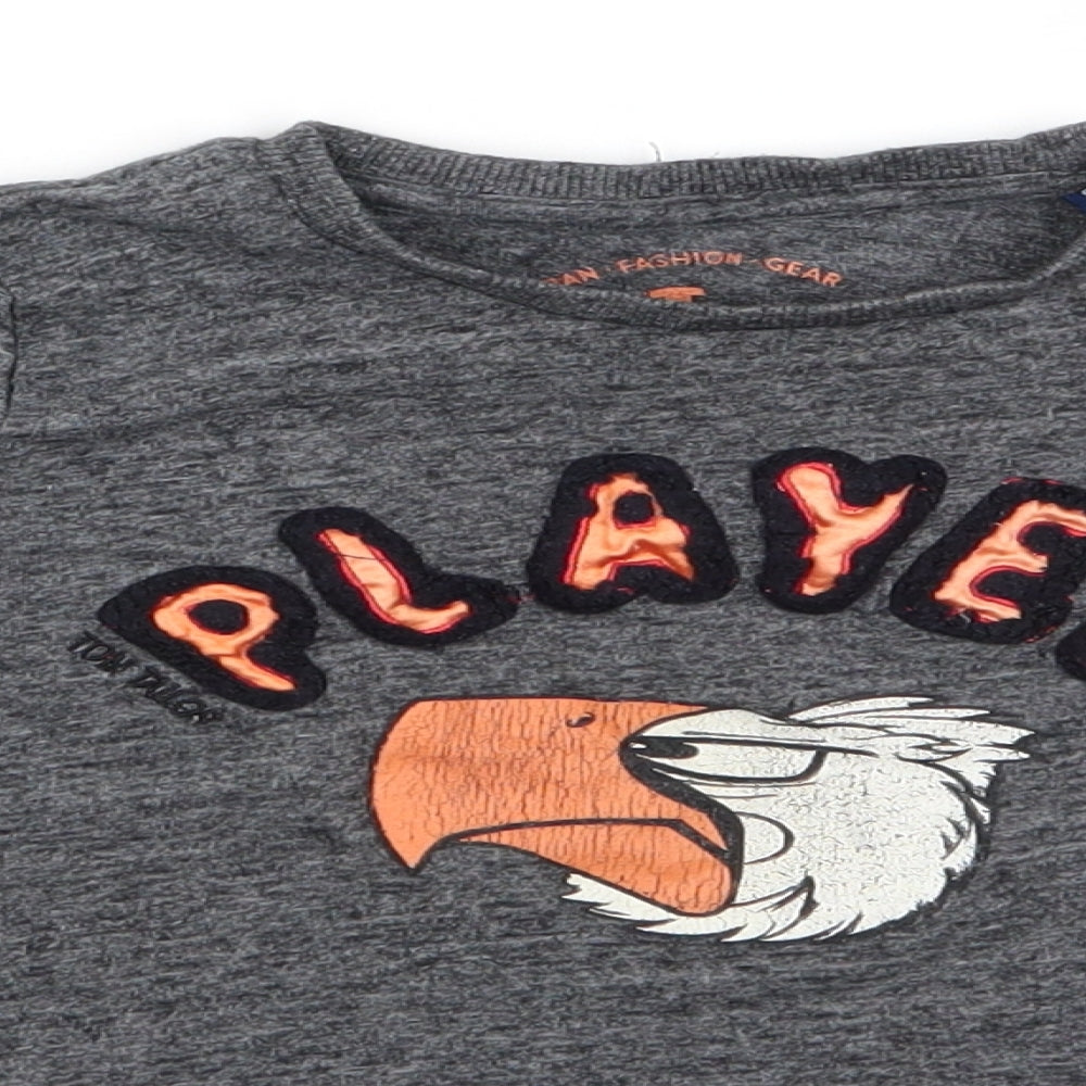 Close-up detail of Tom Tailor boys’ grey animal print cotton basic casual, years roll neck pullover - player eagle head