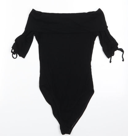 Topshop Womens Black  Viscose Bodysuit One-Piece Size 8  Snap - Drawstring sleeves Ribbed fabric