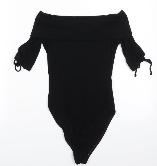 Topshop Womens Black  Viscose Bodysuit One-Piece Size 8  Snap - Drawstring sleeves Ribbed fabric