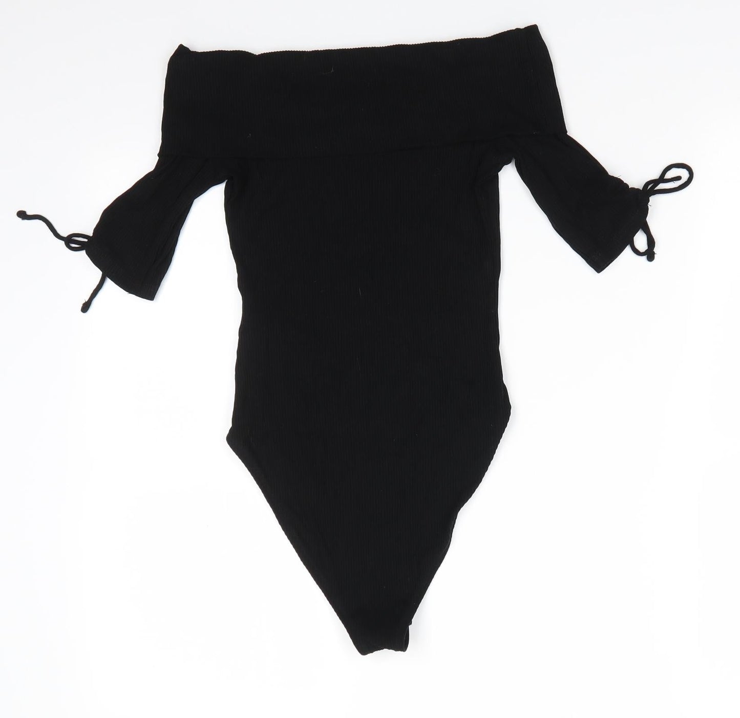 Topshop Womens Black  Viscose Bodysuit One-Piece Size 8  Snap - Drawstring sleeves Ribbed fabric
