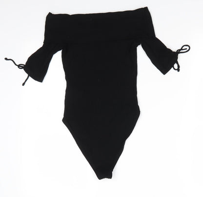 Topshop Womens Black  Viscose Bodysuit One-Piece Size 8  Snap - Drawstring sleeves Ribbed fabric