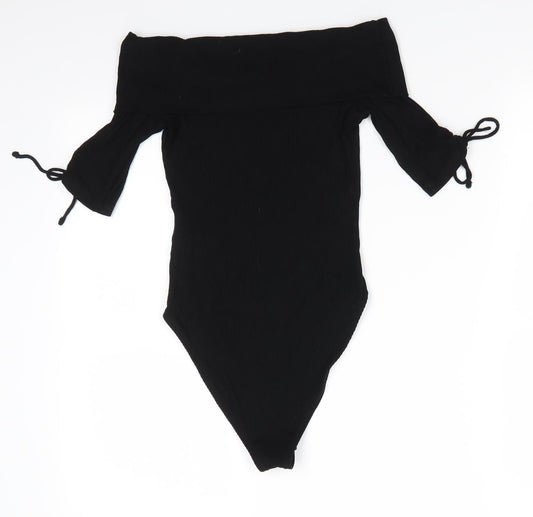 Topshop Womens Black  Viscose Bodysuit One-Piece Size 8  Snap - Drawstring sleeves Ribbed fabric