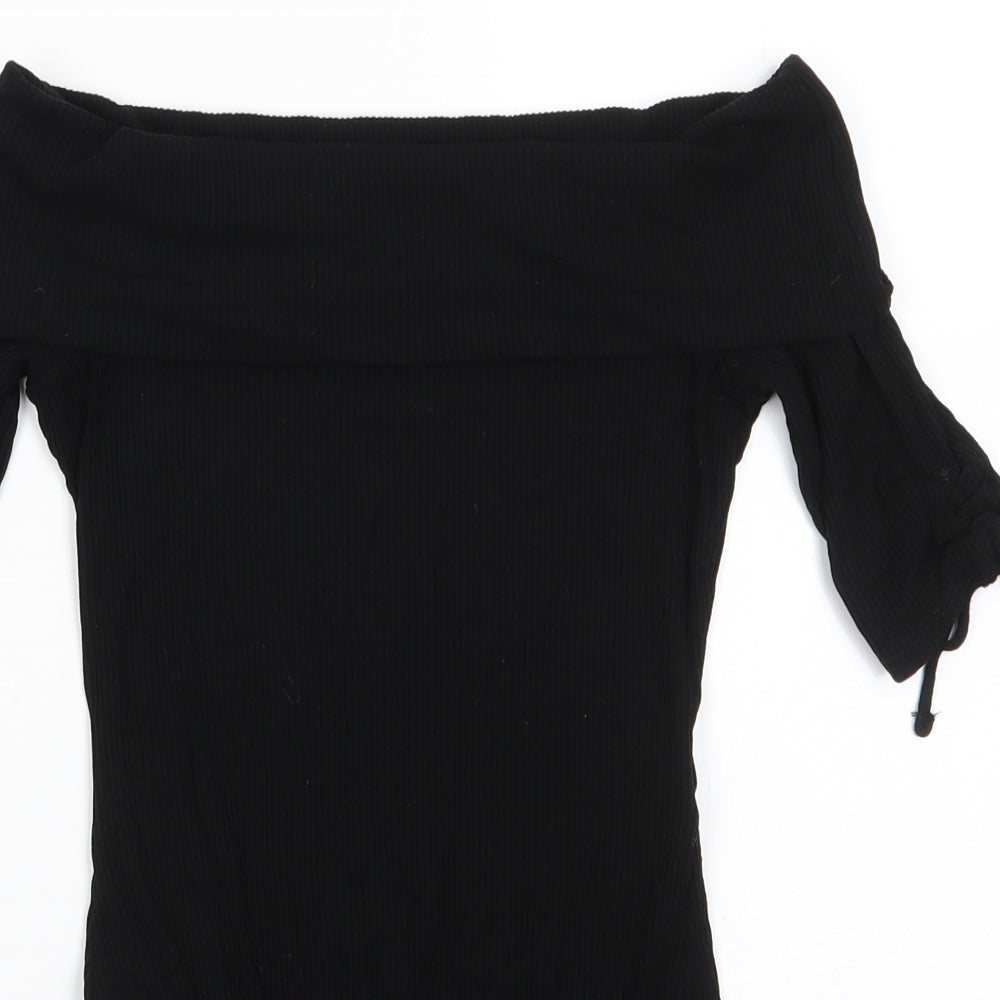 Topshop Womens Black  Viscose Bodysuit One-Piece Size 8  Snap - Drawstring sleeves Ribbed fabric